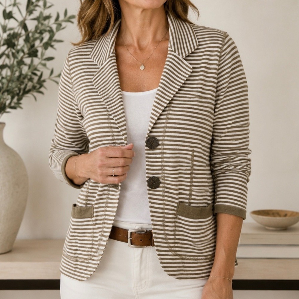 Christopher & Banks Petite Striped Knit Blazer Jacket Cottage Coastal Preppy PM